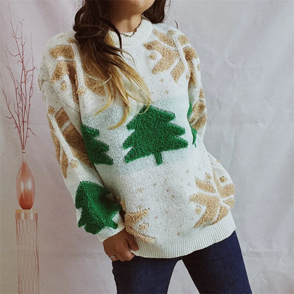 Green Fashion Tree Embroidery Knitted Pullover Casual Loose Retro Christmas Sweater