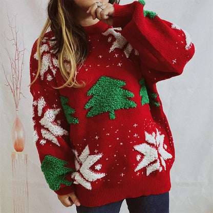 Green Fashion Tree Embroidery Knitted Pullover Casual Loose Retro Christmas Sweater