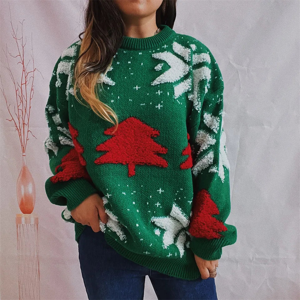 Green Fashion Tree Embroidery Knitted Pullover Casual Loose Retro Christmas Sweater