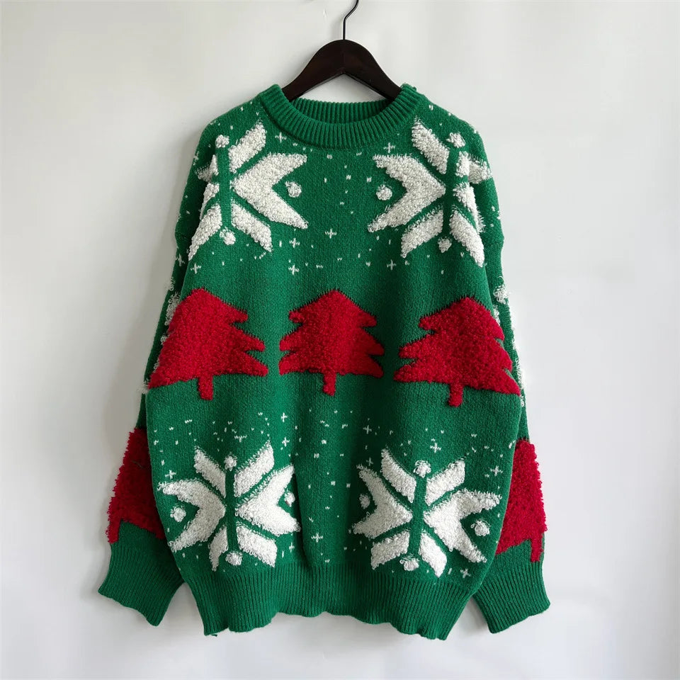 Green Fashion Tree Embroidery Knitted Pullover Casual Loose Retro Christmas Sweater