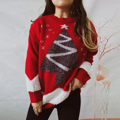 Tree Gold Thread Flocked Round Neck Long Sleeved Loose Knit Pullover Christmas Sweater