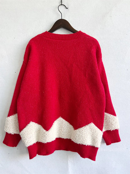 Tree Gold Thread Flocked Round Neck Long Sleeved Loose Knit Pullover Christmas Sweater