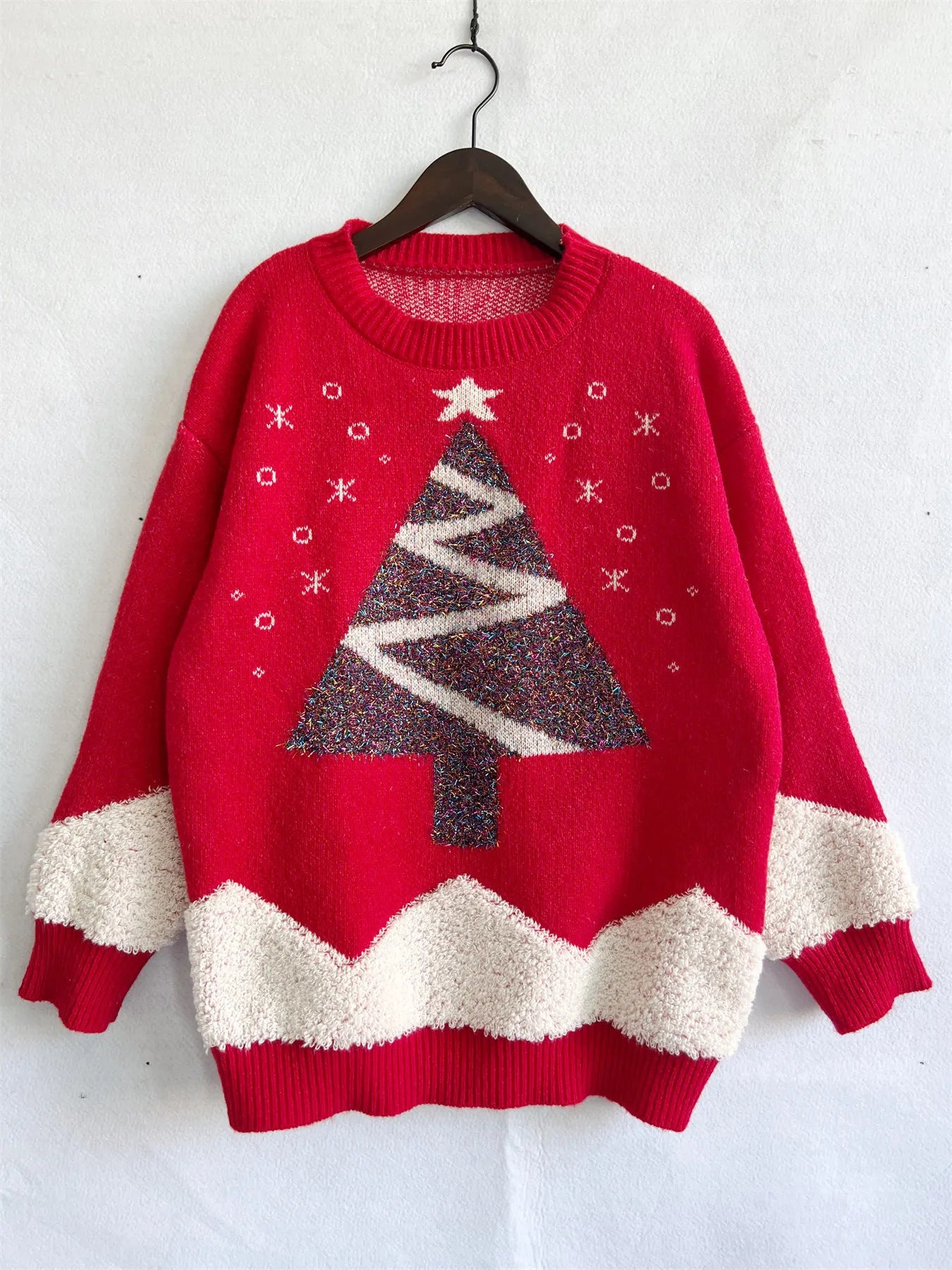 Tree Gold Thread Flocked Round Neck Long Sleeved Loose Knit Pullover Christmas Sweater