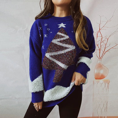 Tree Gold Thread Flocked Round Neck Long Sleeved Loose Knit Pullover Christmas Sweater