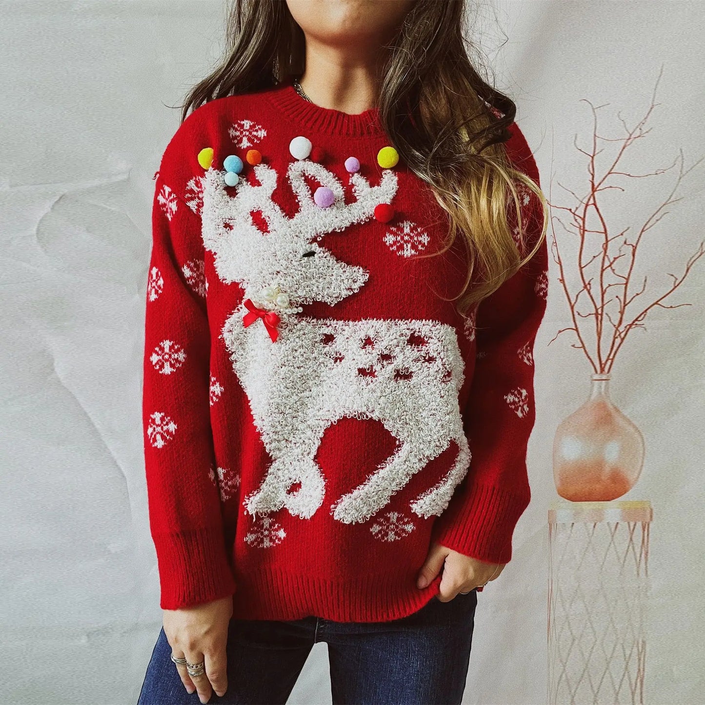 Handmade Pearl Ball Decoration Jacquard Christmas Red Christmas Sweater