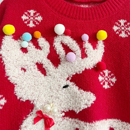 Handmade Pearl Ball Decoration Jacquard Christmas Red Christmas Sweater