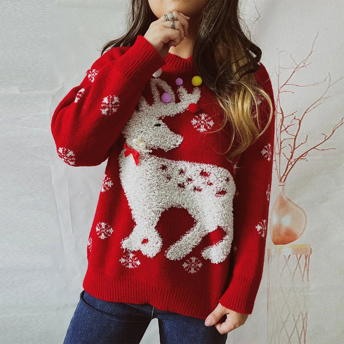 Handmade Pearl Ball Decoration Jacquard Christmas Red Christmas Sweater