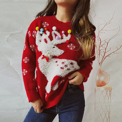 Handmade Pearl Ball Decoration Jacquard Christmas Red Christmas Sweater