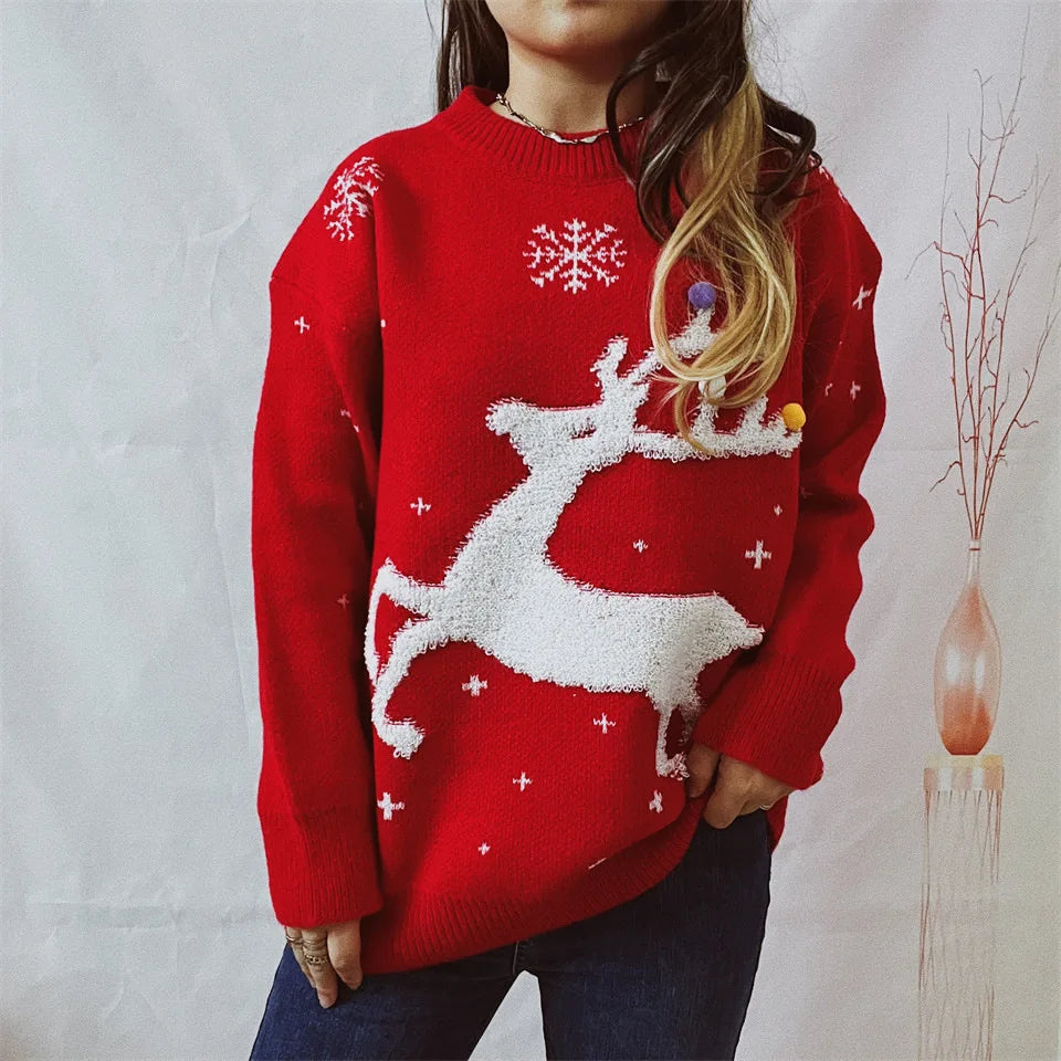 Korean Style Casual Loose Christmas Pullover Red Christmas Sweater