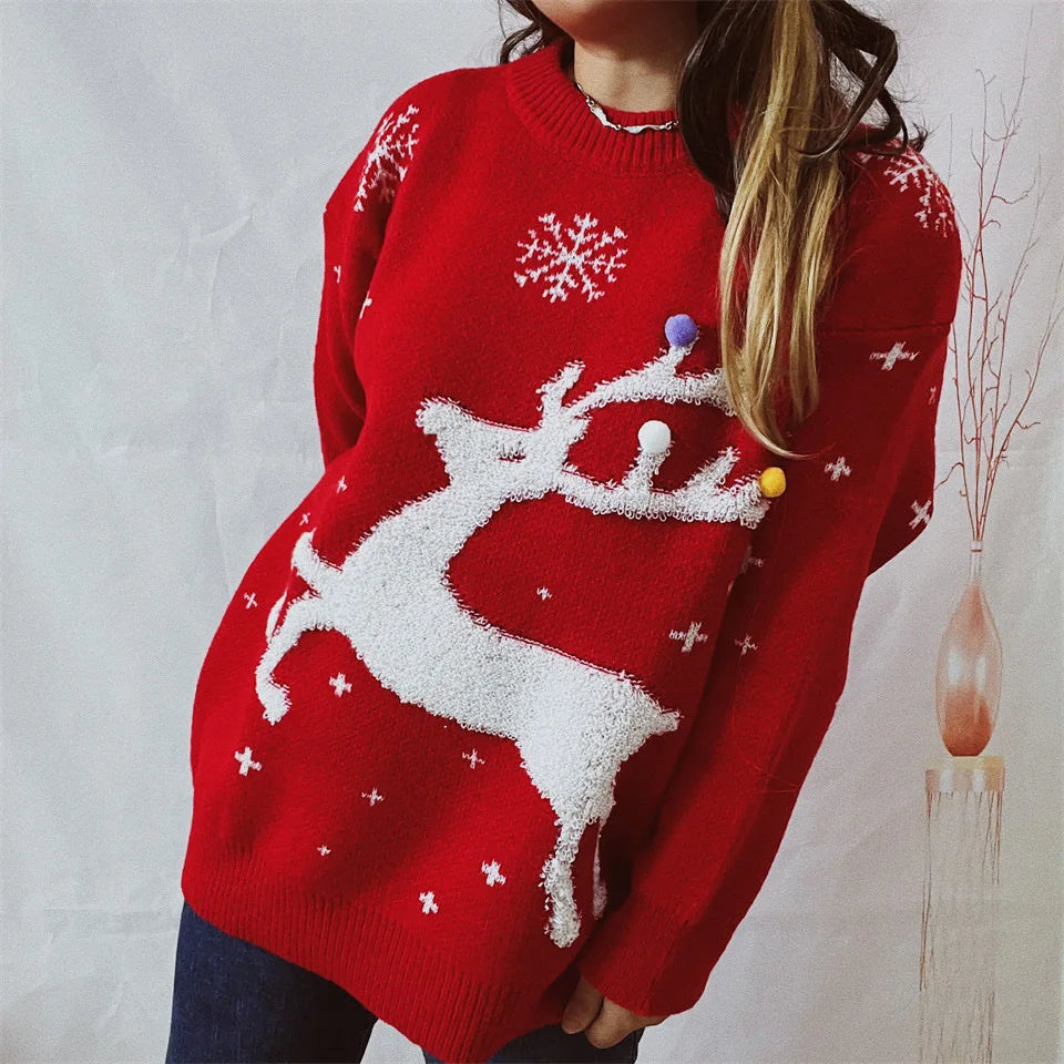 Korean Style Casual Loose Christmas Pullover Red Christmas Sweater