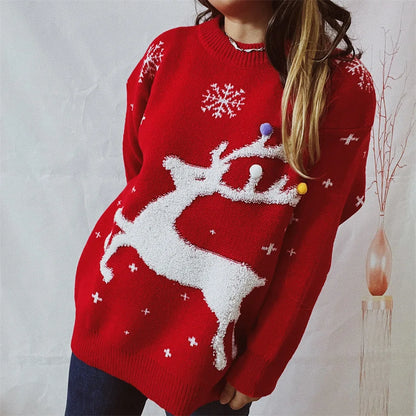 Korean Style Casual Loose Christmas Pullover Red Christmas Sweater