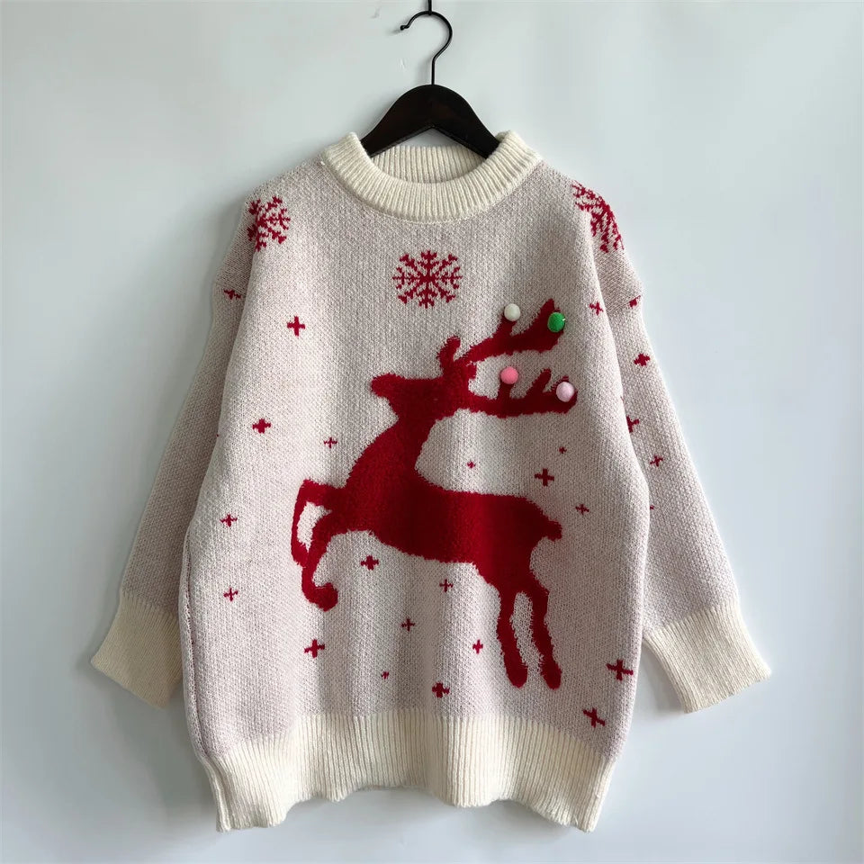 Korean Style Casual Loose Christmas Pullover Red Christmas Sweater