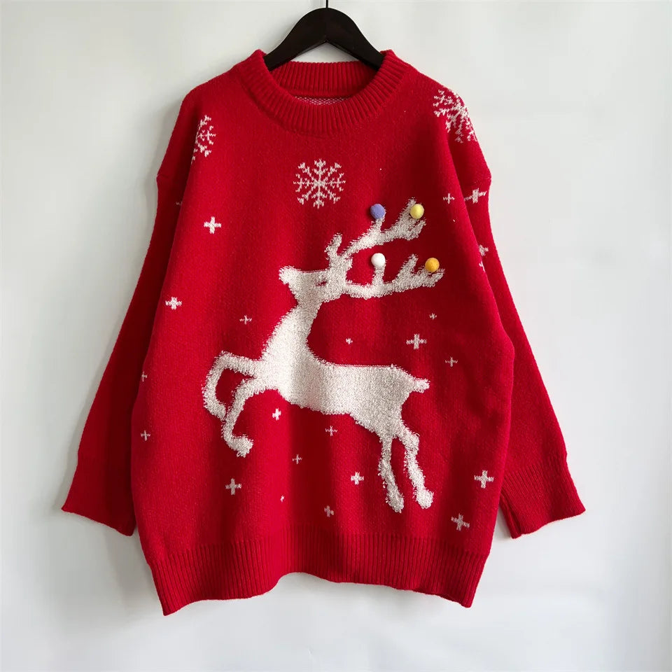 Korean Style Casual Loose Christmas Pullover Red Christmas Sweater