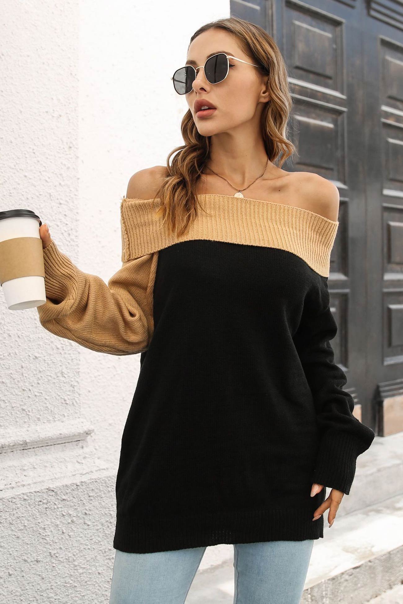 Off Shoulder Sweater With Contrast Colors Sweaters-L
