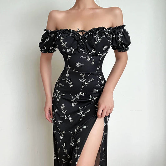 Off Shoulder Flower Print High Split Elegant Long Backless Bodycon Summer Floral Dress