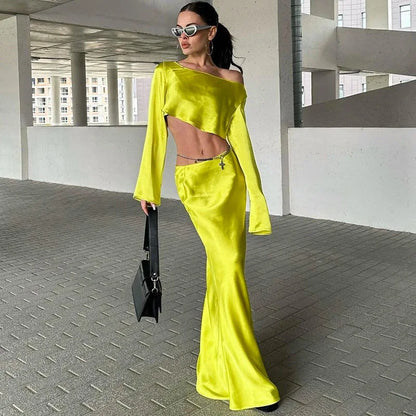 Off Shoulder Long Sleeve Top and Skirt 2 Piece Set Asymmetric Silky Co-Ords Matching Sets Midi Dress