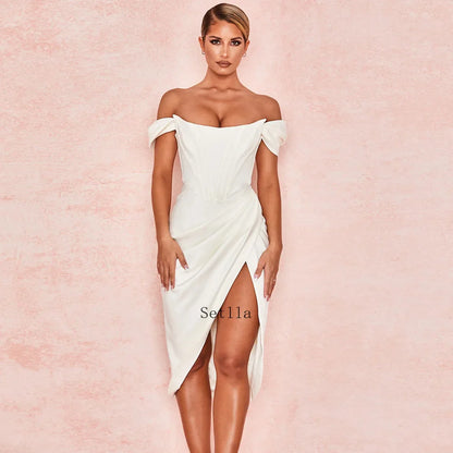 Off Shoulder Split Corset Midi Dress