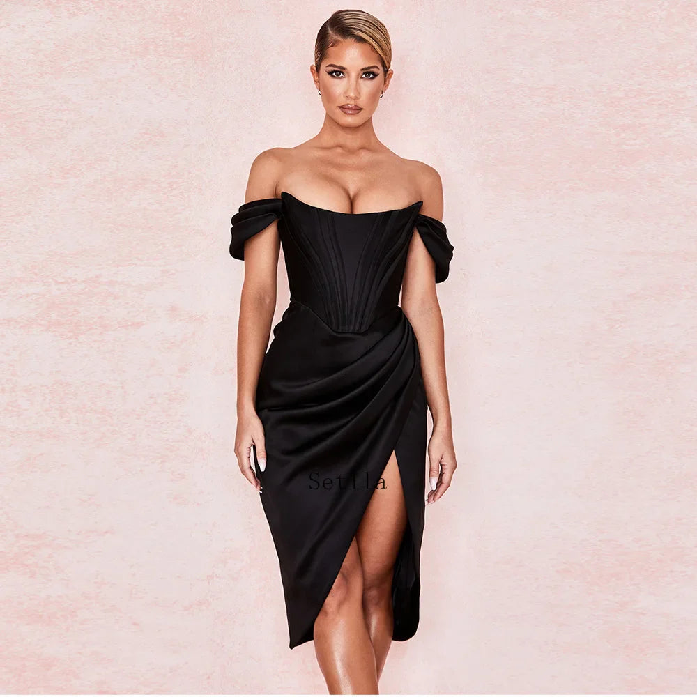 Off Shoulder Split Corset Midi Dress