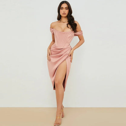 Off Shoulder Split Corset Midi Dress