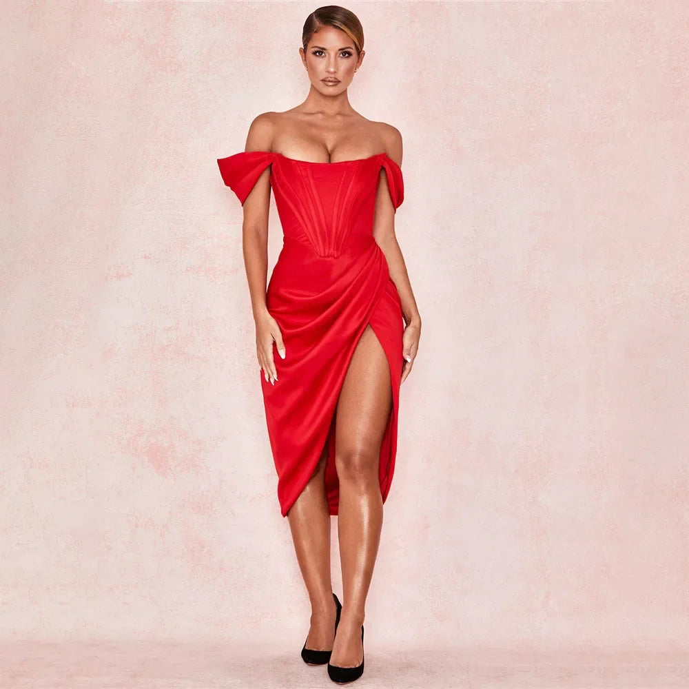 Off Shoulder Split Corset Midi Dress