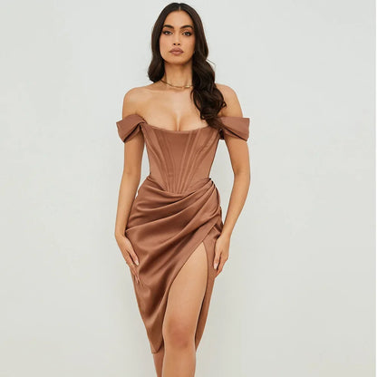 Off Shoulder Split Corset Midi Dress