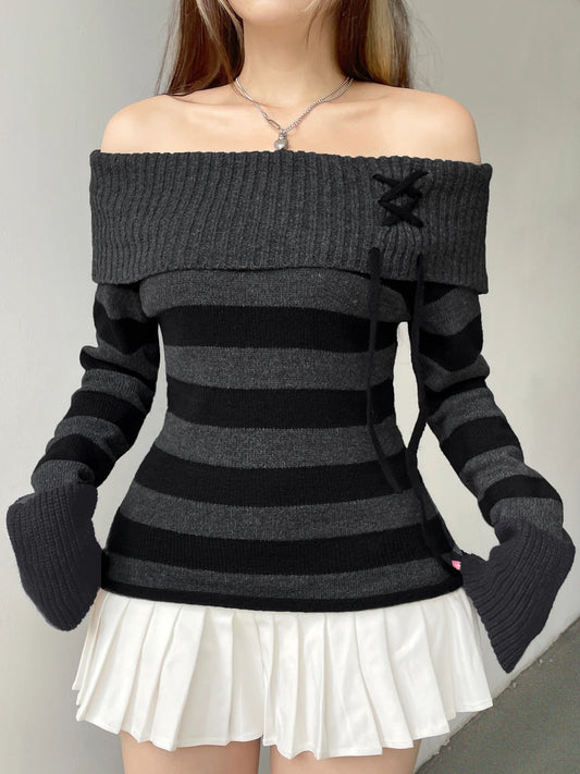 Off Shoulder  Slim Knitted  Striped Sweater