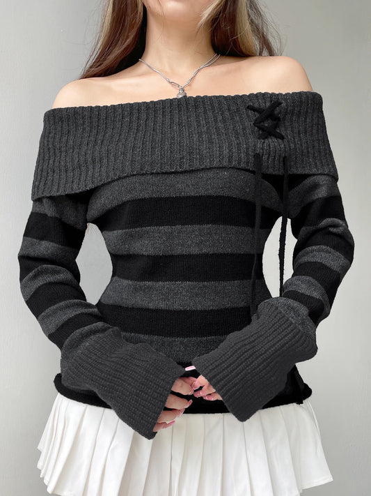 Off Shoulder  Slim Knitted  Striped Sweater