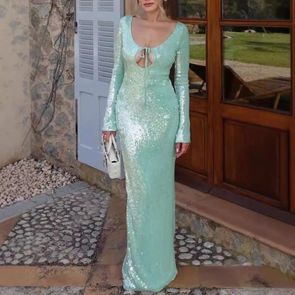 Long Sleeve Formal Occasion Dresses Sequins Elegant Maxi Dress Wedding Christmas Party Dress