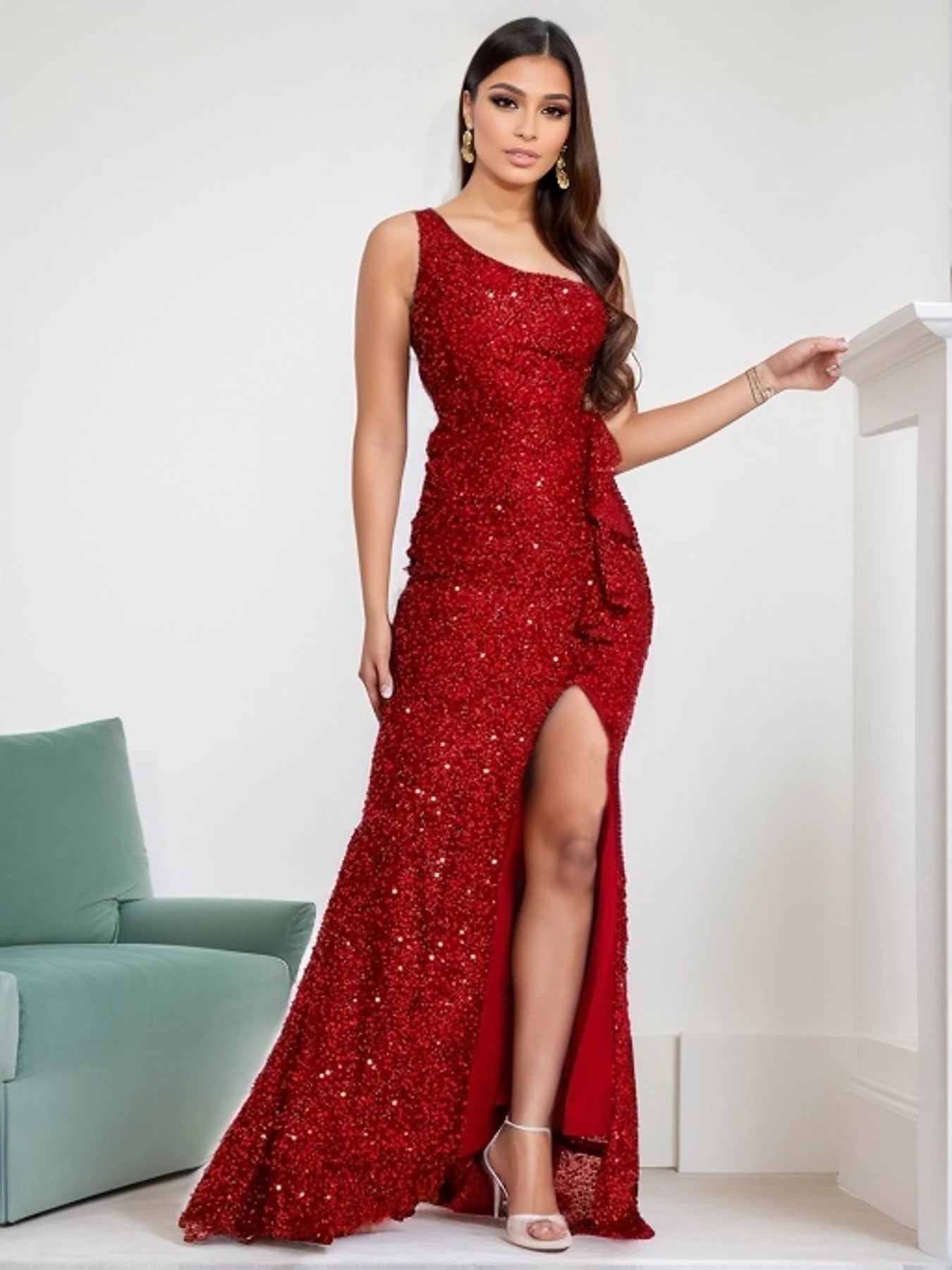 One Shoulder Red Sequined Ruffles Slit Evening Party Backless Lace Christmas Party Dress