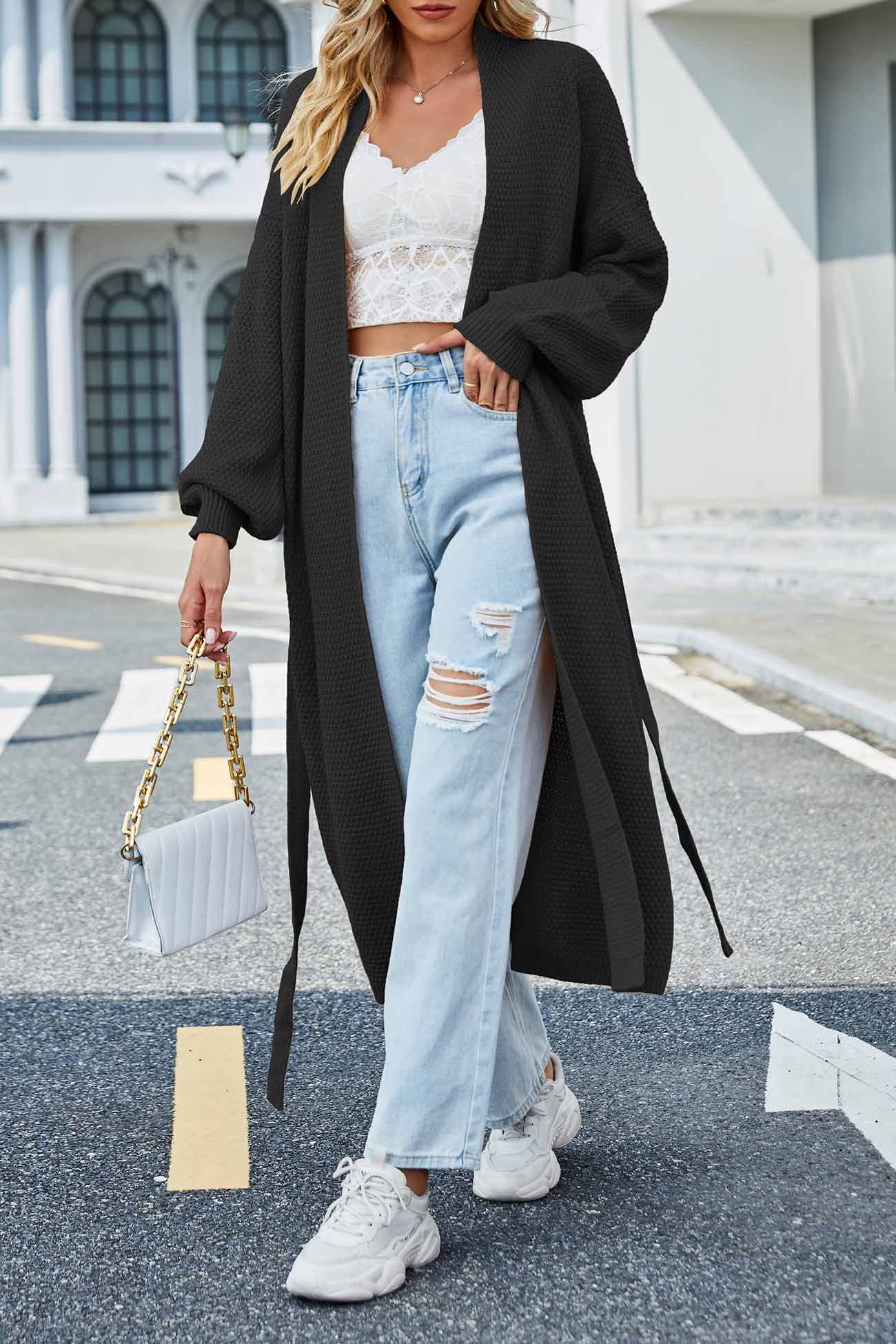 Long Cardigan with Open Front and Tie-waist