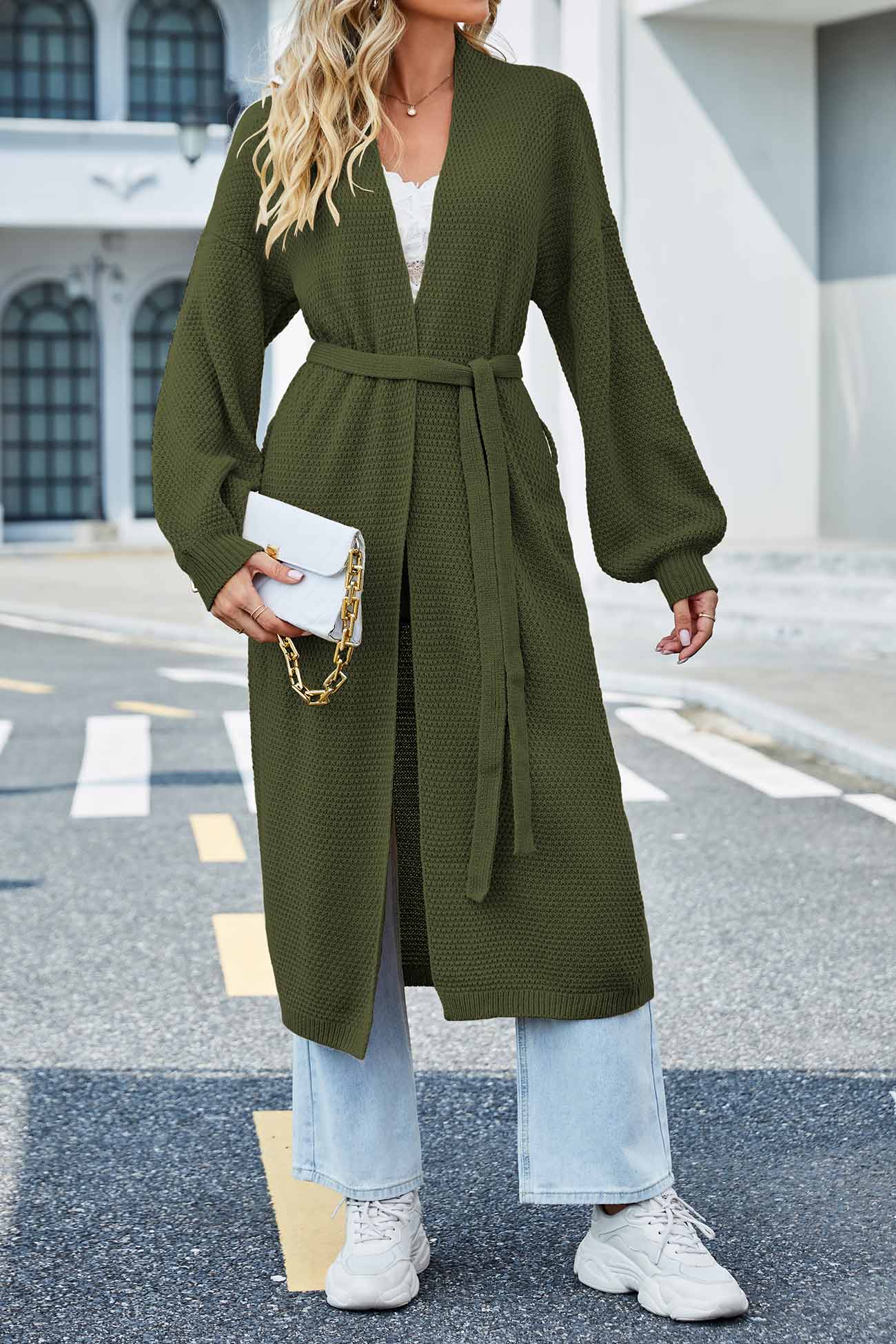 Long Cardigan with Open Front and Tie-waist