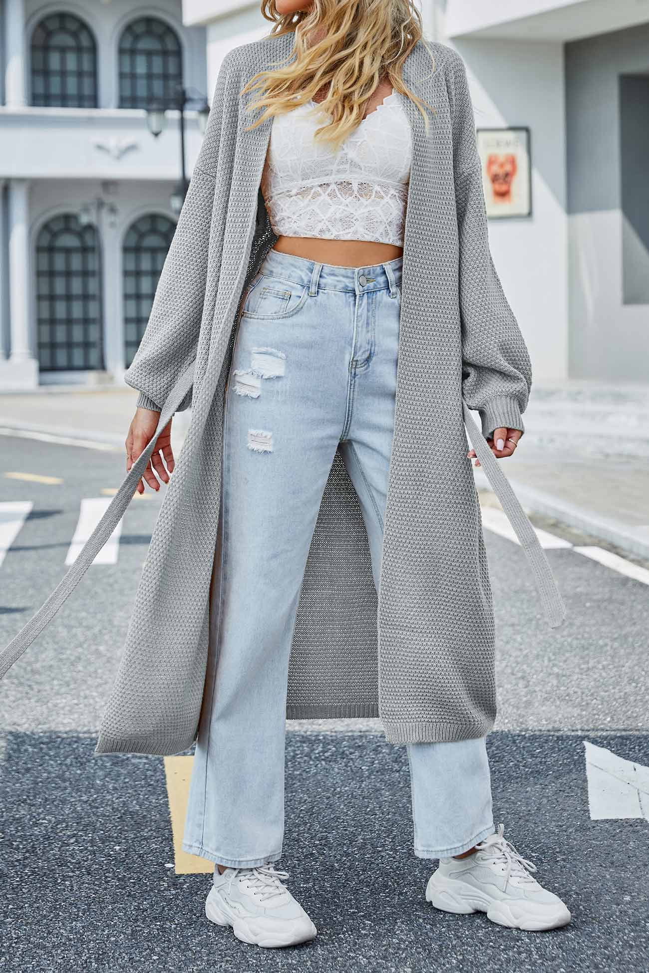 Long Cardigan with Open Front and Tie-waist