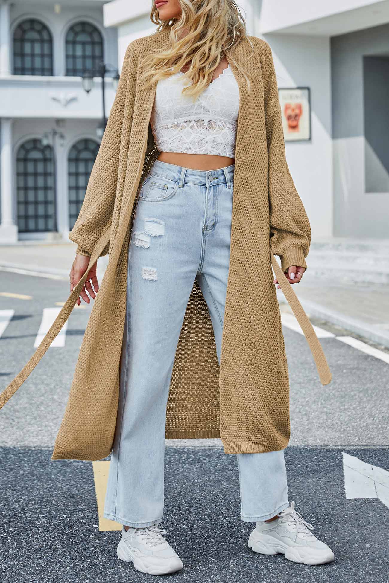 Long Cardigan with Open Front and Tie-waist