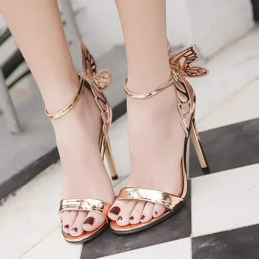 Open Toe Buckle Strap Heeled Pumps with Big Butterfly Wings Stiletto Women's Sandals