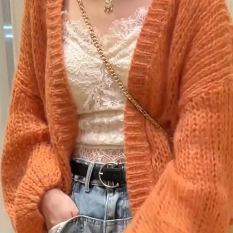 Orange Lantern Sleeve Open Stitch Loose Spring Cardigan cardiagn-250126