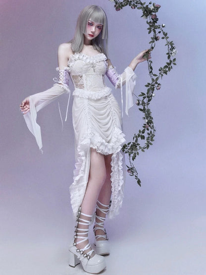 White Gothic Rope Lace Flying Sleeve Stiletto Strap Asymmetric Light Lolita Summer Party Evening Dress