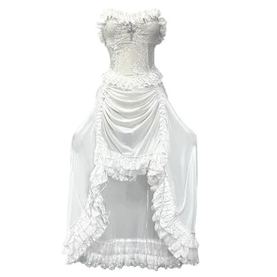 White Gothic Rope Lace Flying Sleeve Stiletto Strap Asymmetric Light Lolita Summer Party Evening Dress