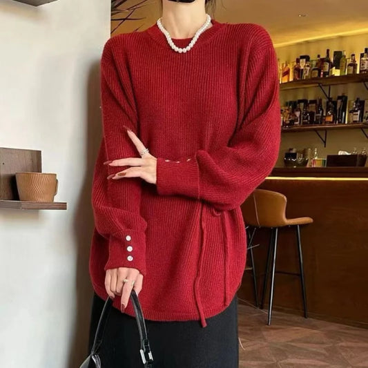 Oversize Thick Red Knitting Warm Casual Lantern Sleeve Christmas Sweater