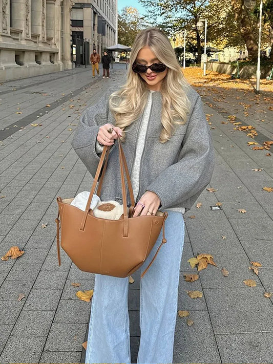 Oversized Grey Drawstring Woolen Coat