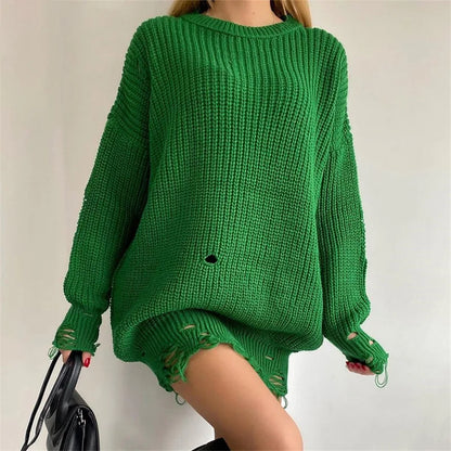 Oversized Casual Sexy Club Y2K Women Knitted Green O Neck Christmas Sweater