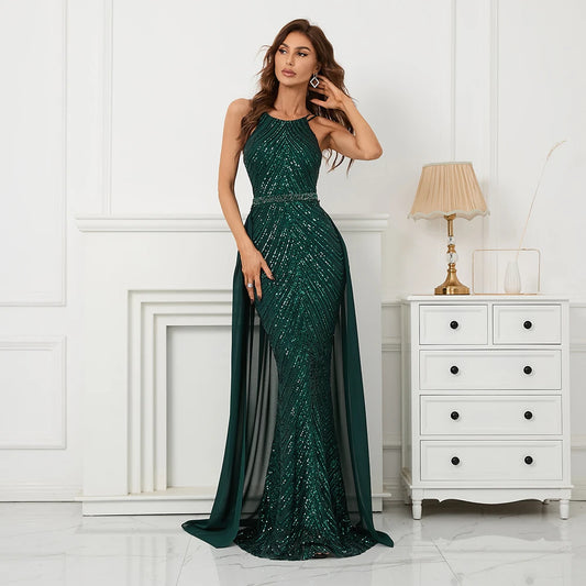 Green Off Shoulder Tassel Sequin Evening Dress Sexy Cross Back Christmas Party Dress