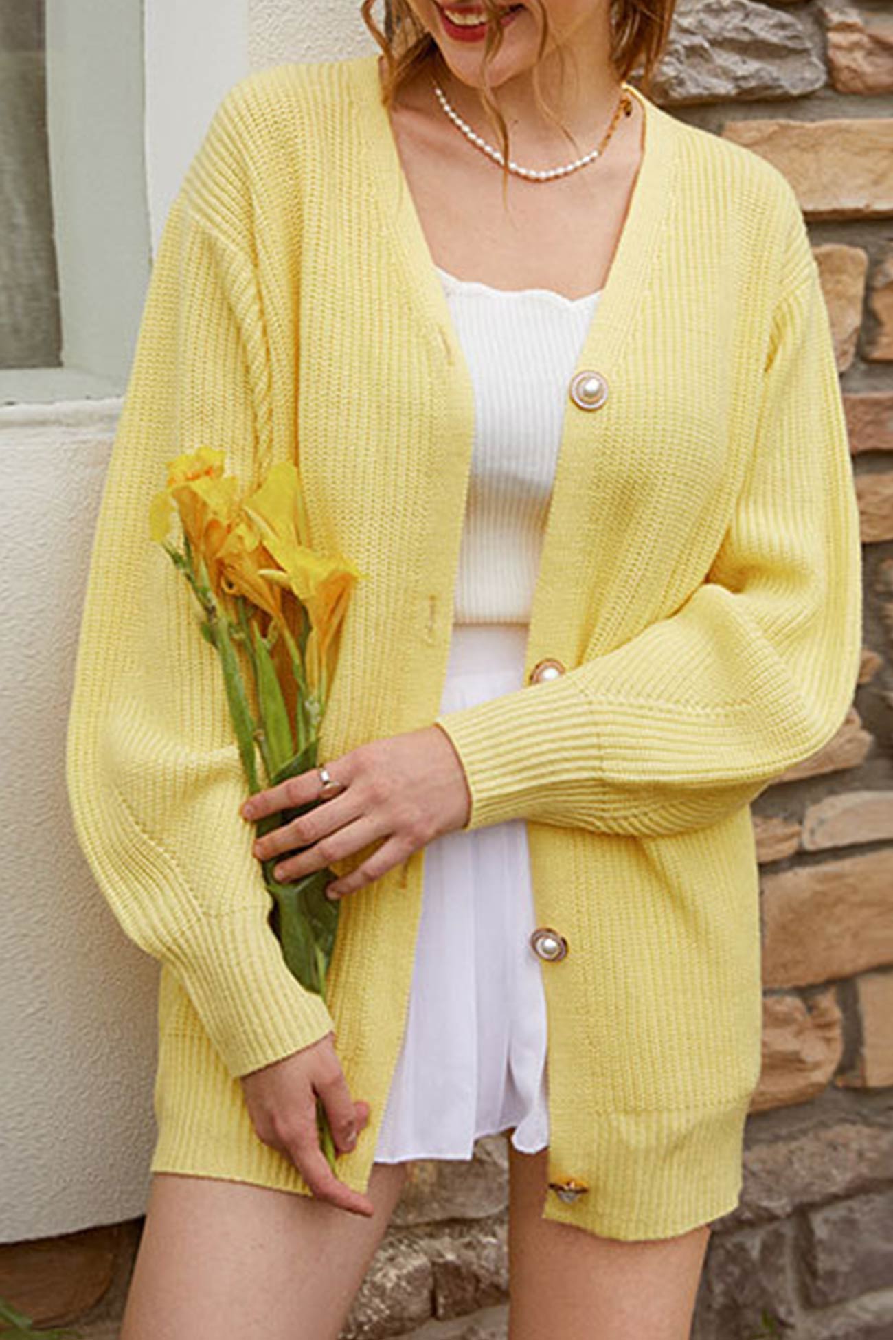 Puff Sleeve Cardigan with Pearl Buttons