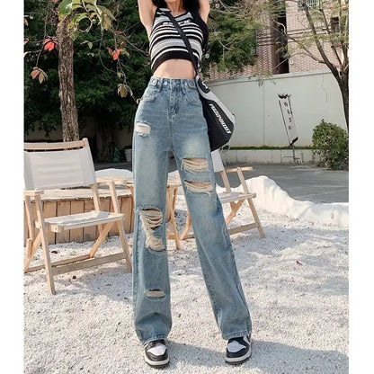 Perforated Jean Pear-Shaped Figure High Waist Straight Tube Loose Fitting Wide Leg Pants Small Stature Thin Summer Style Jean