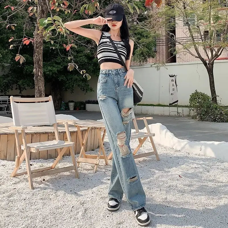 Perforated Jean Pear-Shaped Figure High Waist Straight Tube Loose Fitting Wide Leg Pants Small Stature Thin Summer Style Jean