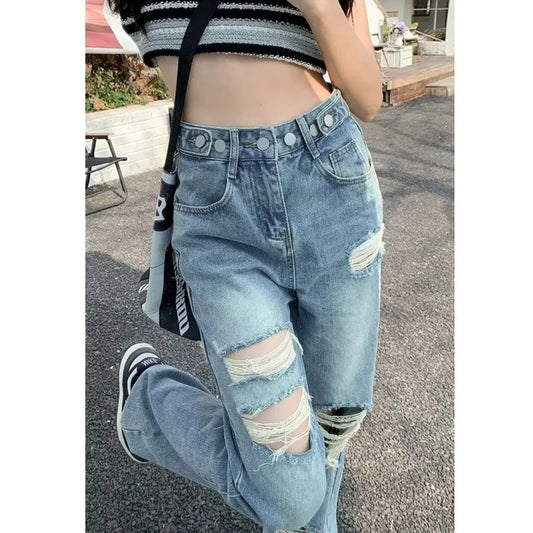 Perforated Jean Pear-Shaped Figure High Waist Straight Tube Loose Fitting Wide Leg Pants Small