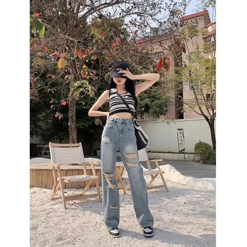 Perforated Jean Pear-Shaped Figure High Waist Straight Tube Loose Fitting Wide Leg Pants Small Stature Thin Summer Style Jean