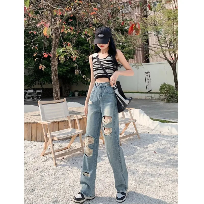 Perforated Jean Pear-Shaped Figure High Waist Straight Tube Loose Fitting Wide Leg Pants Small Stature Thin Summer Style Jean