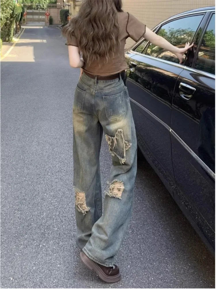 Perforated Summer Loose Straight Leg Niche Stitching Old Beggar Fashion Jean