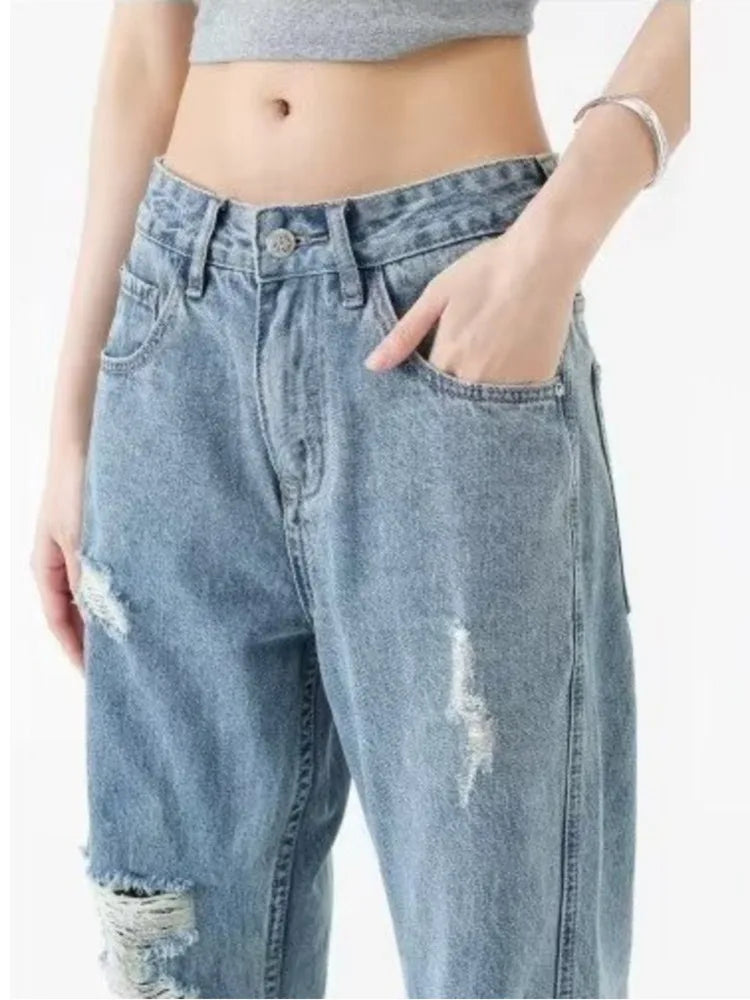 Perforated Jean Summer Thin High Street Trendy Brand Handsome And Loose Fitting Straight Casual Sports Pants Women's Jean