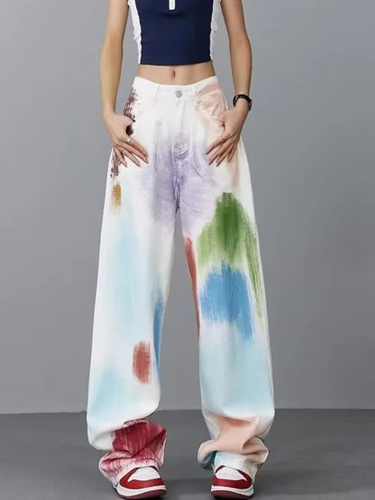 Personalized Graffiti High Waist Slim Hand-painted Painted Trendy Loose Straight Wide Leg Casual Jean